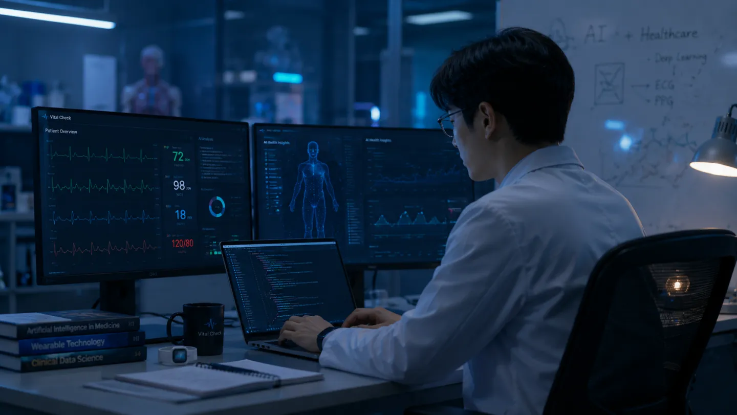 의사가 Vital Check 대시보드와 AI 분석 화면 앞에서 작업하는 모습